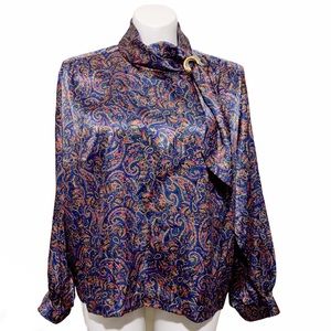 Vintage Paisley High Neck Collar Satin Navy  Blouse Gold Pin Brooch Blue Green